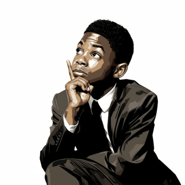 Zwarte jongen in het denken en twijfelen stellen olieverf geschilderde illustratie Mannelijk personage met een dromerig gezicht op abstracte achtergrond Ai gegenereerd acryl doek heldere poster