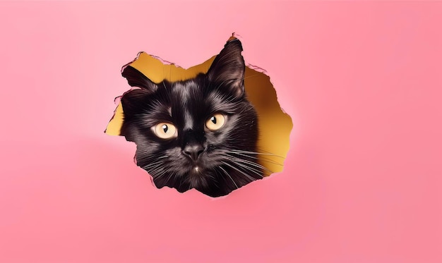 Foto zwarte kat die door een roze gat in een roze muur gluurt