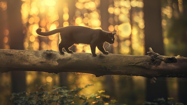 Zwarte kat die op een boomstam loopt die in het bos hangt