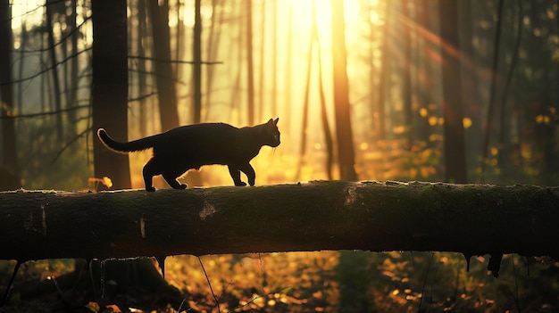 Zwarte kat die op een boomstam loopt die in het bos hangt