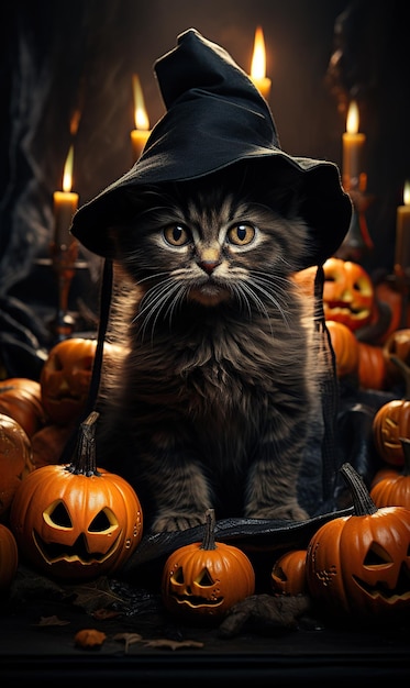Zwarte kat en pompoenen Halloween achtergrond Generatieve Ai