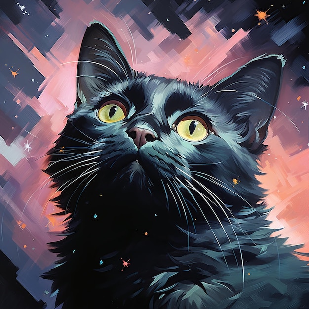 Zwarte kat op kleurrijke achtergrond AI gegenereerde afbeelding