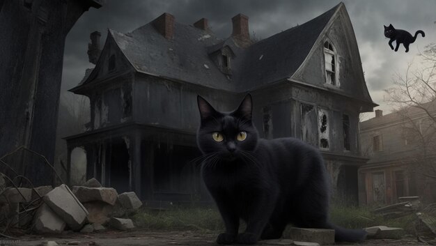 Zwarte kat tegen een oud verlaten spookhuis en graf.