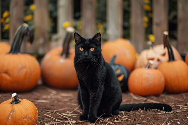 Zwarte kat zit in een pompoenveld