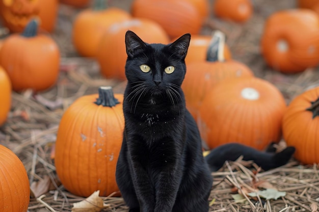 Foto zwarte kat zit in een pompoenveld