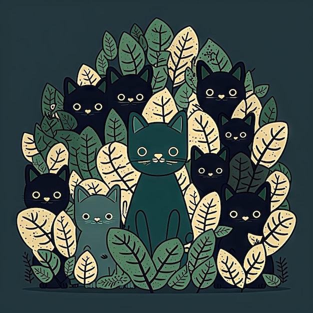 Foto zwarte katten in groene bladeren ai gegenereerde achtergrond kittens met grote ogen in bossige bladeren bloemige jungle lente of zomer groen blad en zit mysterieuze retro katten creatieve personages