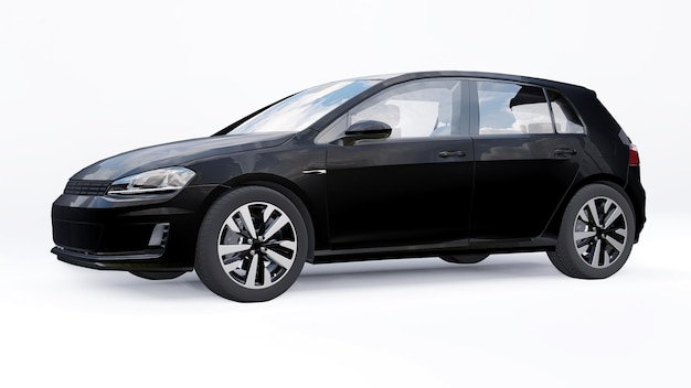 Zwarte kleine gezinsauto hatchback op witte achtergrond. 3D-rendering.