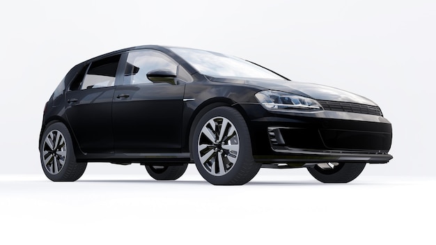 Zwarte kleine gezinsauto hatchback op witte achtergrond. 3D-rendering.