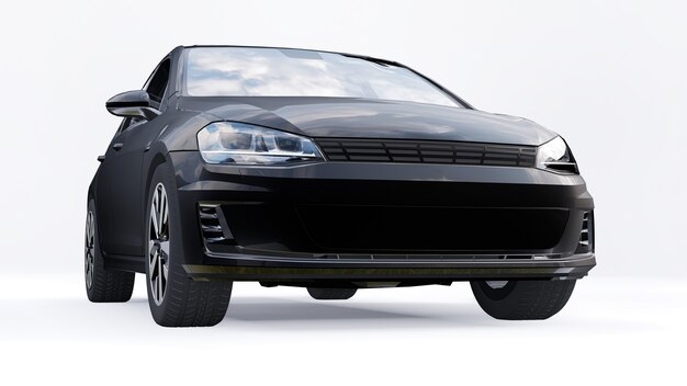 Zwarte kleine gezinsauto hatchback op witte achtergrond. 3D-rendering.