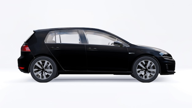 Zwarte kleine gezinsauto hatchback op witte achtergrond. 3D-rendering.