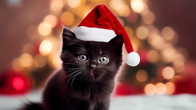 Zwarte kleine kitten in een rode gebreide hoed kerst achtergrond met kerstballen