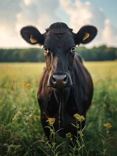 Zwarte koe staat in het groene veld en kijkt naar de camera