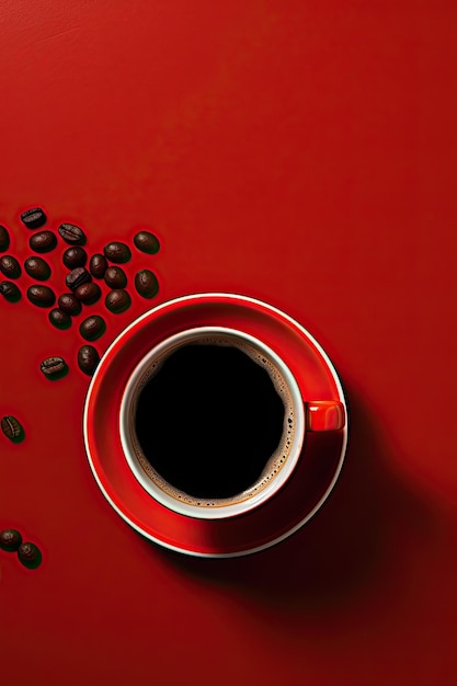 Zwarte koffie in een witte beker op rode achtergrond poster advertentie flyer