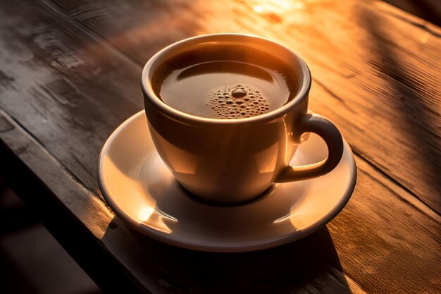 Zwarte koffie in een witte kop op tafel in de AI-generatie van de ochtend