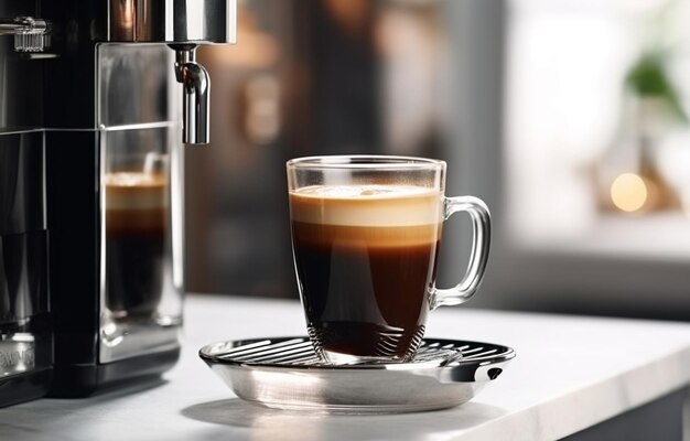 zwarte koffie wordt gegoten in een glazen beker die op een metalen s staat