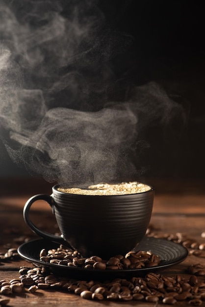 Zwarte koffiekop met hete koffie en rook over rustieke houten donkere voedselstijl fotoselectieve focus