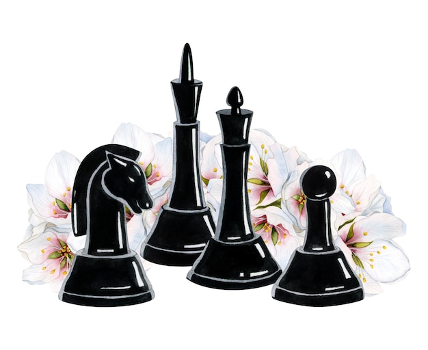 Zwarte koning koningin ridder en pion schaakstukken aquarel illustratie met witte en roze bloemen