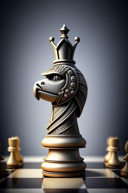 Zwarte koning winnaar omringd door zwarte gouden schaakstukken op schaak bord spel wedstrijd concept