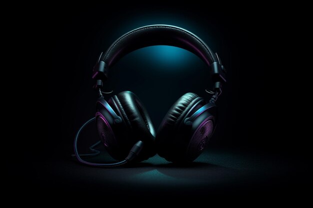 Zwarte koptelefoon op donkere achtergrond Muziekconcept 3D-rendering