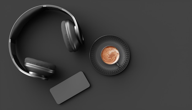 Zwarte koptelefoon op een zwarte achtergrond, 3d illustratie