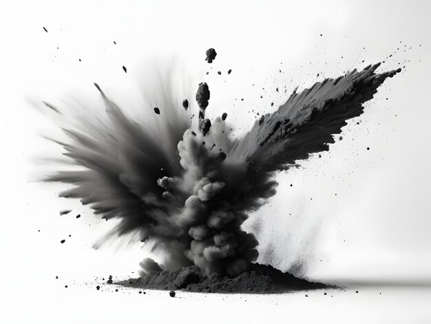 Zwarte krijtstukken en poeder vliegend explosie-effect geïsoleerd op wit