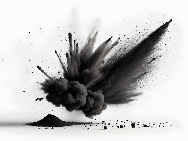 Zwarte krijtstukken en poeder vliegend explosie-effect geïsoleerd op wit