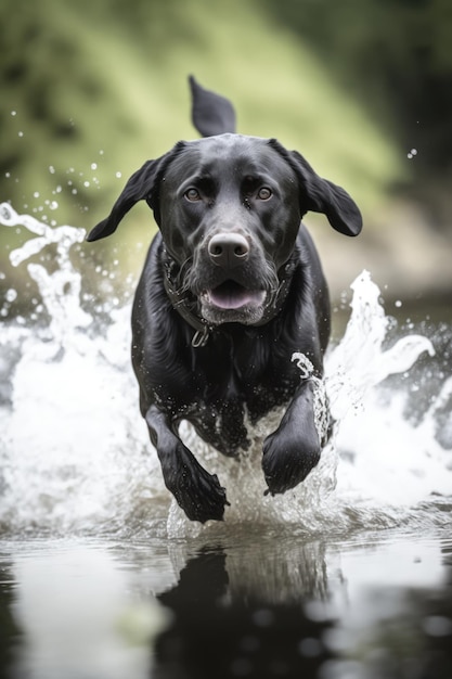 Zwarte labrador hond die in water over gras rent, gemaakt met behulp van generatieve ai-technologie