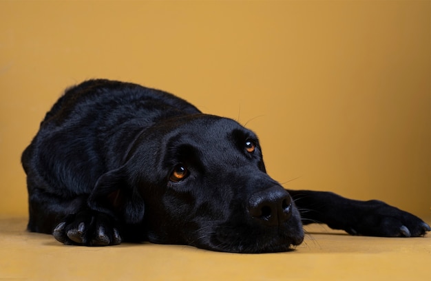 Zwarte Labrador hond die op de vloer ligt die droevig kijkt