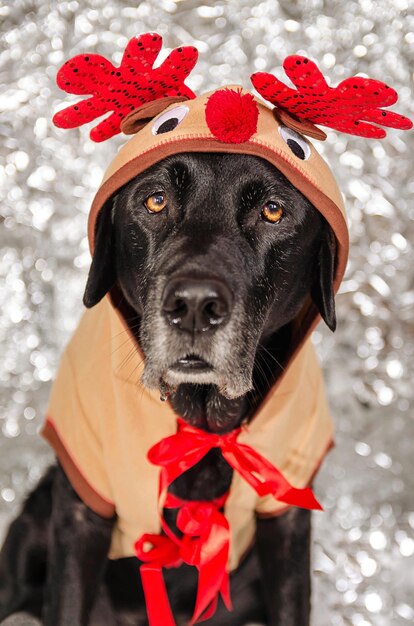 Foto zwarte labrador hond die wegkijkt tijdens kerstmis