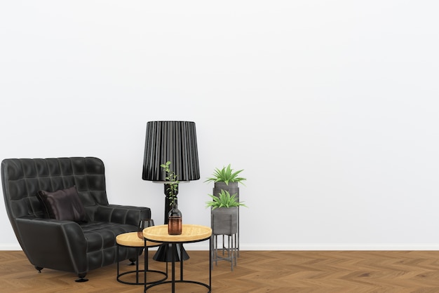 zwarte lederen stoel donkere houten vloer woonkamer interieur lamp achtergrond loft