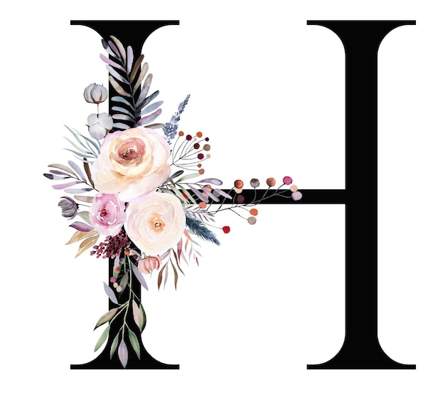Zwarte letter H met pastel aquarel winter boeket geïsoleerd op wit Winter boho brief met bladeren, bessen en bloemen in blauwe lavendel en roze alfabet bloemenelementen voor bruiloft ontwerp
