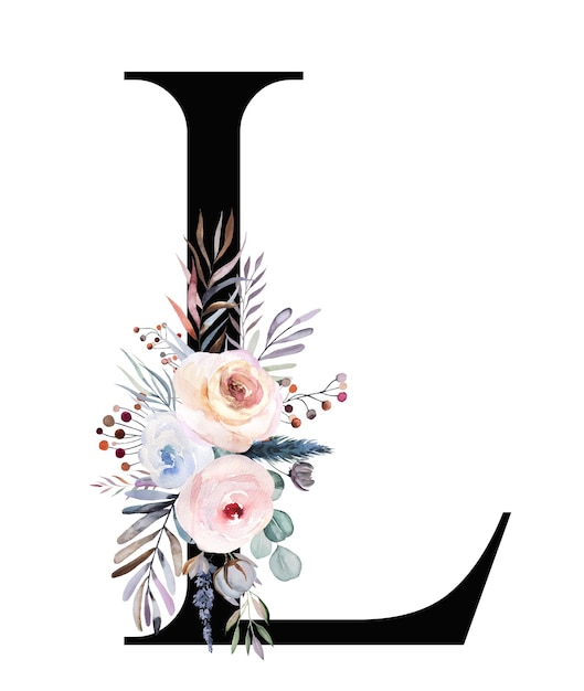 Zwarte letter L met pastel aquarel winter boeket geïsoleerd op wit Winter boho brief met bladeren, bessen en bloemen in blauwe lavendel en roze alfabet bloemenelementen voor bruiloft ontwerp
