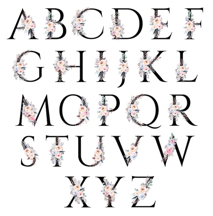 Foto zwarte letters met pastel aquarel winter boeket geïsoleerd op wit. winter boho letters met bladeren, bessen en bloemen in blauw, lavendel en roze. alfabet bloemenelementen voor bruiloftsontwerp