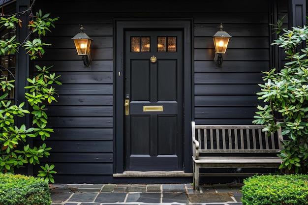 Zwarte luxe voordeur en veranda van een verlichte woning