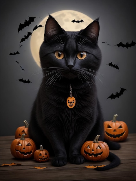 Zwarte Maine Coon kitten poseert met een kleine Halloween pompoen