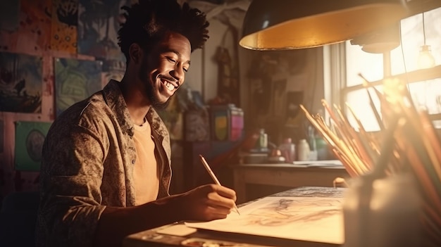 Zwarte man schilder zit aan tafel en tekent een afbeelding op canvas van papier in het kunstatelier. Gelukkig aantrekkelijke man kunstenaar schildert meesterwerkfoto te koop online artistiek vakmanschap generatieve AI