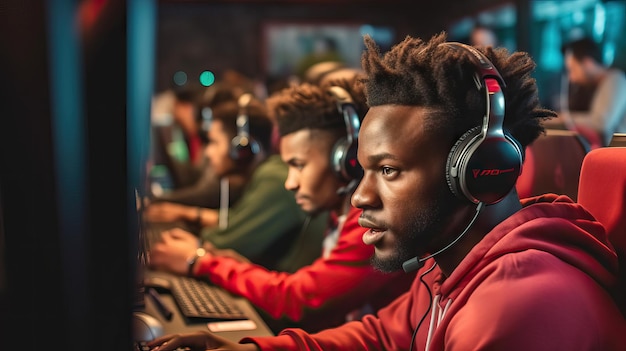 zwarte mannelijke speler die online concurreert met vrienden achter een videogamesconcept op een computermonitor