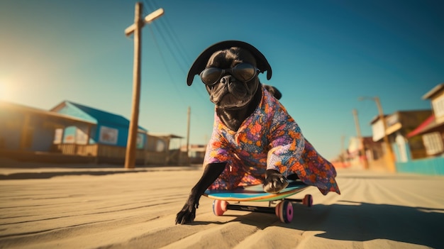 Zwarte mopshond in een hipster jurk en zonnebril is skateboarden op een zonnig strand