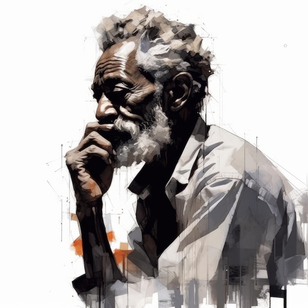 Zwarte oude man in denken en twijfels aquarel illustratie Mannelijk personage met dromerig gezicht op abstracte achtergrond Ai gegenereerde aquarel poster