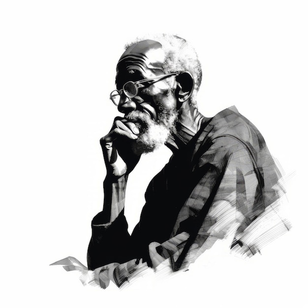 Zwarte oude man in denken en twijfels monochrome illustratie Mannelijk karakter met dromerig gezicht op abstracte achtergrond Ai gegenereerd zwart-wit schets poster