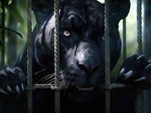 zwarte panter gevangen in dierentuinkooi ai gegenereerd