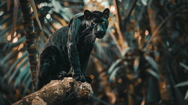 Foto zwarte panter zit op een boom in het oerwoud