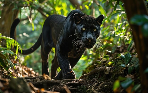 Zwarte panthers behendige bewegingen in een jungle