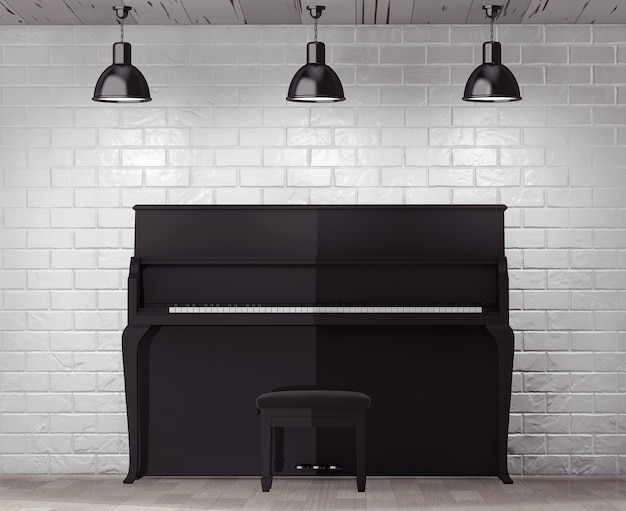 Zwarte piano voor bakstenen muur met lege frame extreme close-up