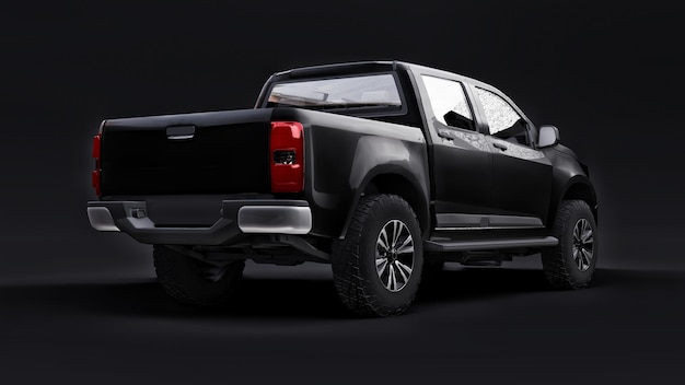 Foto zwarte pick-up auto op een zwarte achtergrond. 3d-rendering.