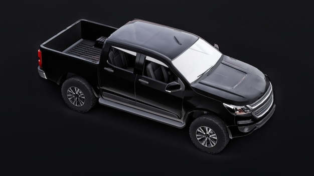 Zwarte pick-up auto op een zwarte achtergrond. 3D-rendering.