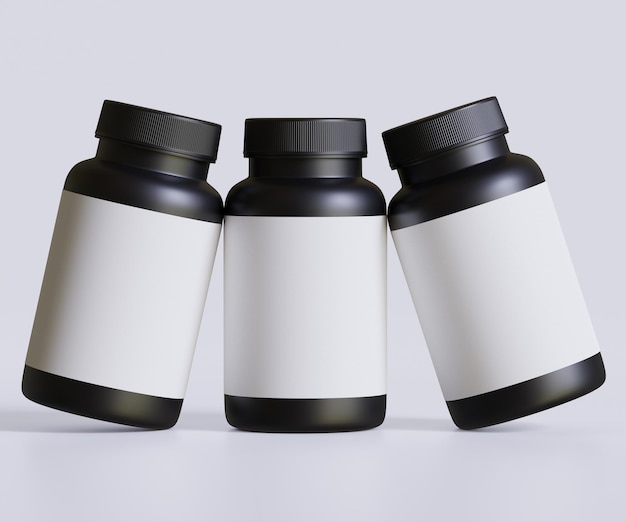 Zwarte pil fles wit etiket voor mockup collectie illustratie 3D rendering Perfect voor medische