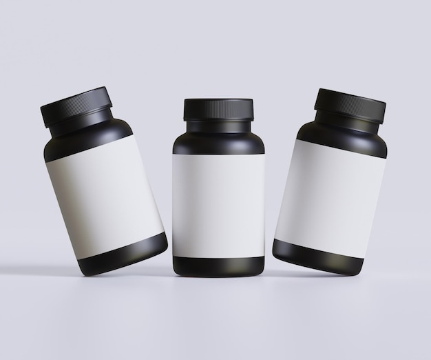 Zwarte pil fles wit etiket voor mockup collectie illustratie 3D rendering Perfect voor medische