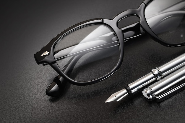 Zwarte plastic bril voor zichtcorrectie met vulpen op donkere achtergrond