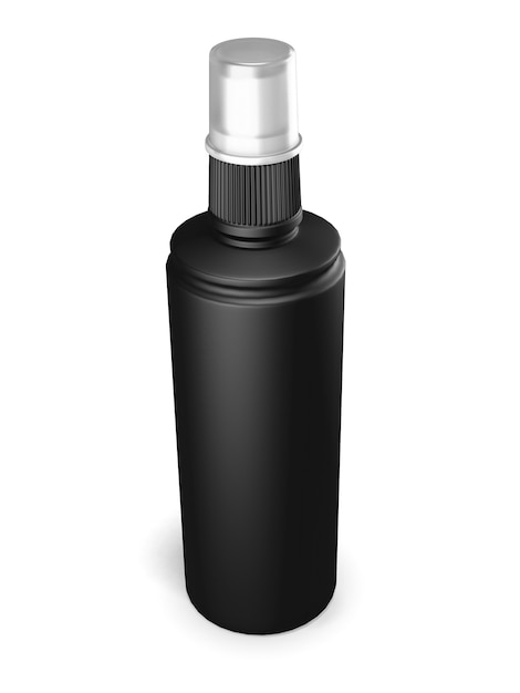 Foto zwarte plastic fles met spray op wit. 3d render illustratie.
